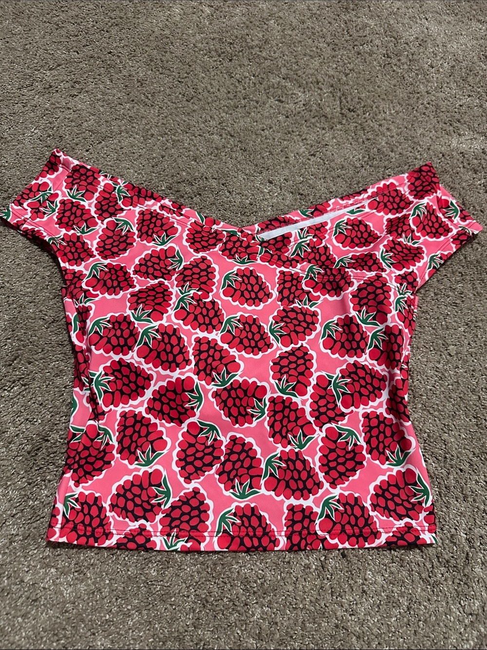Pink Raspberry Print Off-Shoulder Swim Top